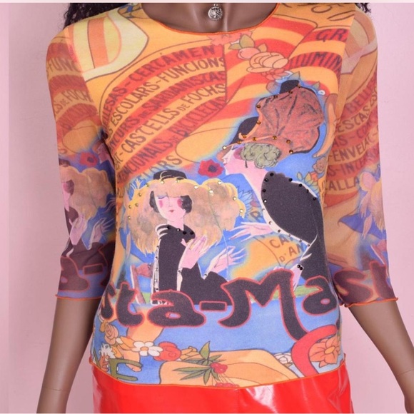 90s Novelty Print Mesh Sleeve Top/ Medium/ 1990s - Picture 1 of 3